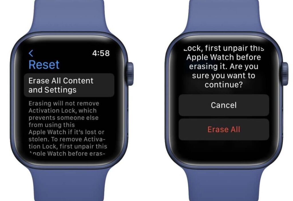 Apple Watch erase all content screen for how to unpair Apple Watch without iPhone