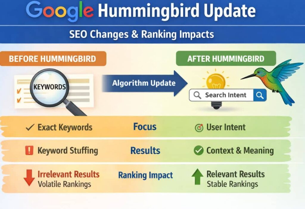 Chart showing SEO changes and ranking impacts before and after the Google Hummingbird Update