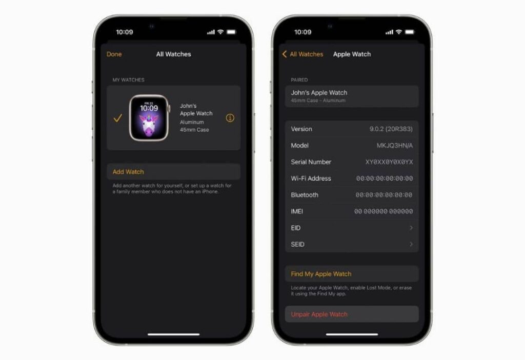  iPhone screen showing unpair option for how to reset Apple Watch